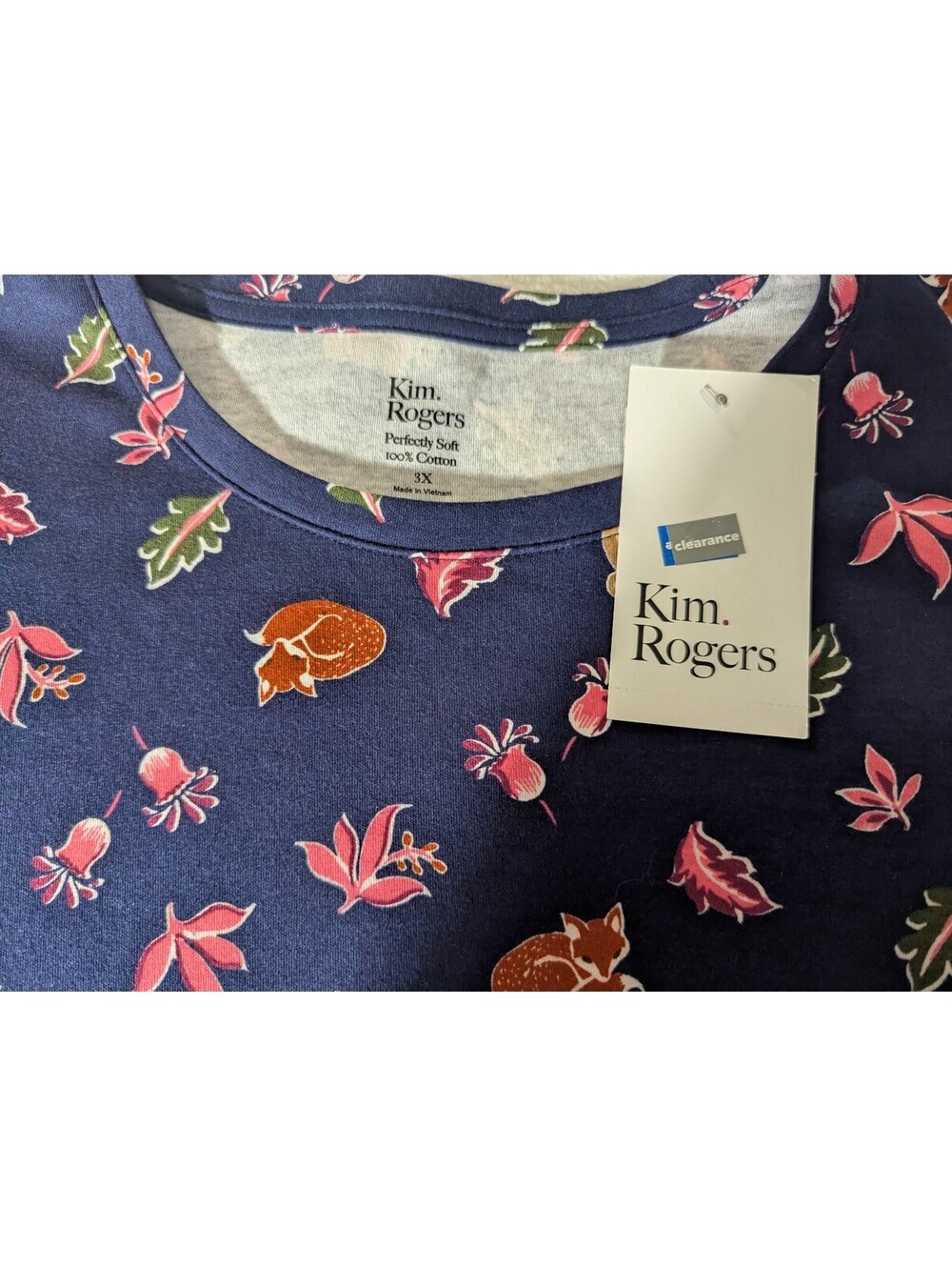 Kim Rogers Women's 3X Navy Blue Cotton Shirt with Autumn Leaves and Squirrel Mot